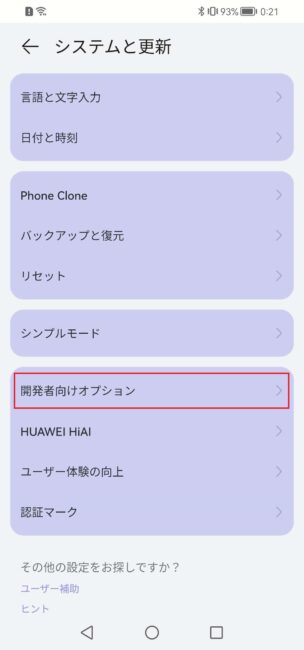 開発者向けオプションを押す